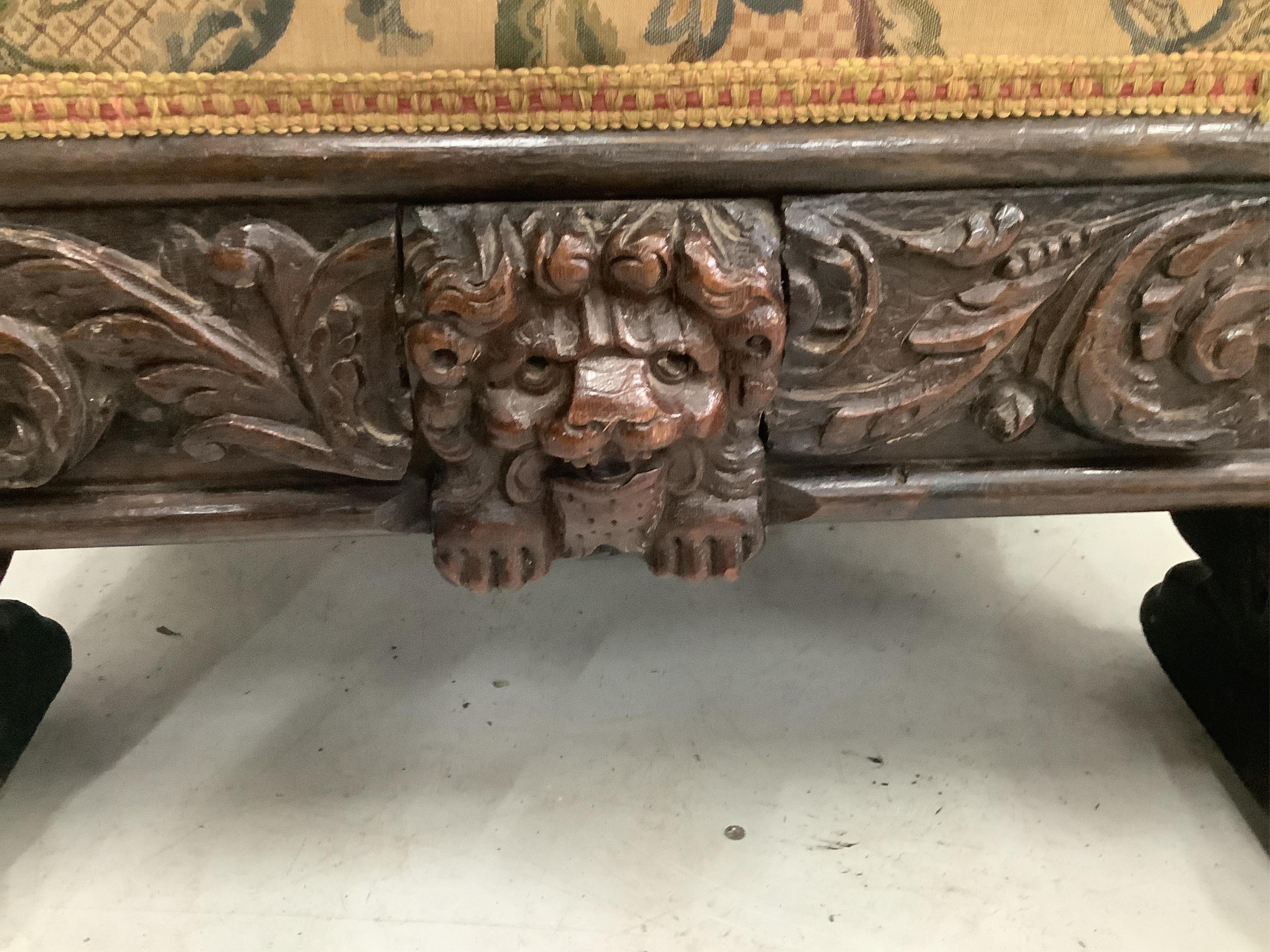 A Victorian oak rectangular topped stool, width 74cm, depth 66cm, height 44cm. Condition - fair